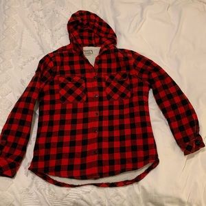 Fleece-lined buffalo check hooded flannel